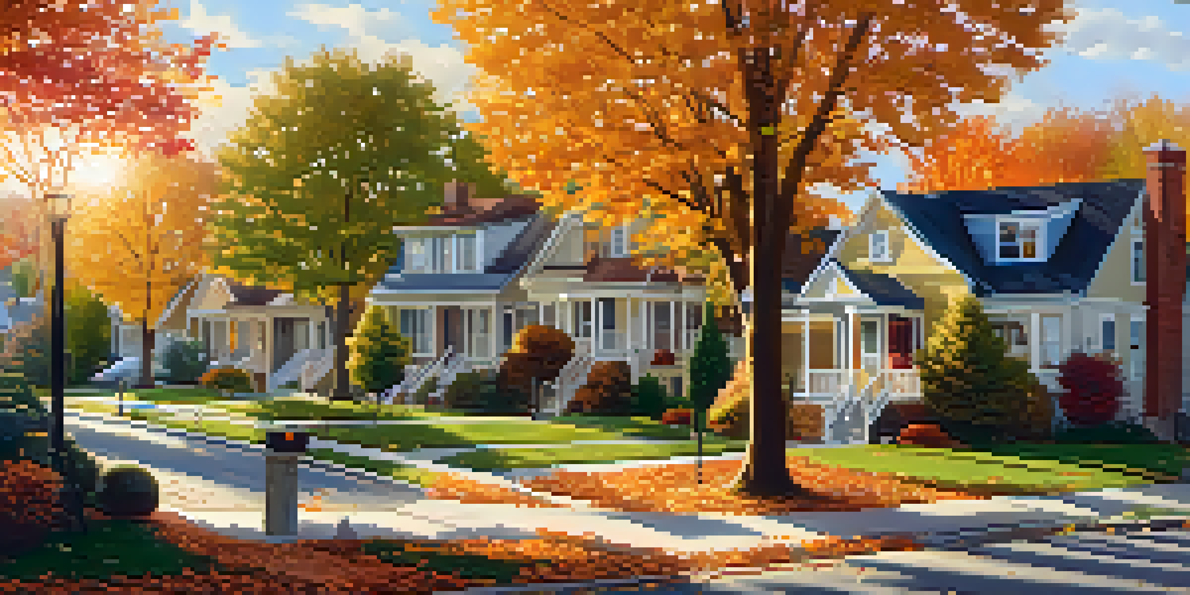A peaceful suburban neighborhood in autumn with families enjoying the outdoors and colorful trees.