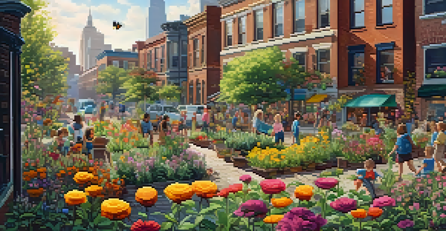 A vibrant urban garden with children planting seeds, bees, and butterflies among colorful flowers, against a city backdrop.