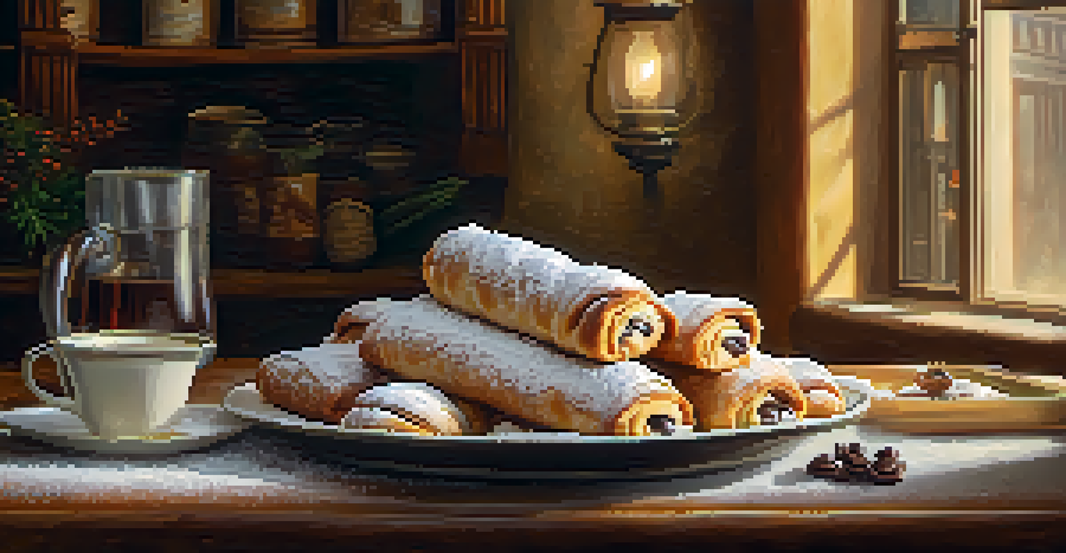 A close-up of a freshly made cannoli in an Italian bakery with rustic decor and warm lighting.