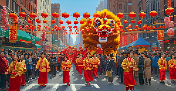 A lively Lunar New Year Parade in NYC with colorful floats, lion dancers, and a diverse crowd enjoying the festivities.