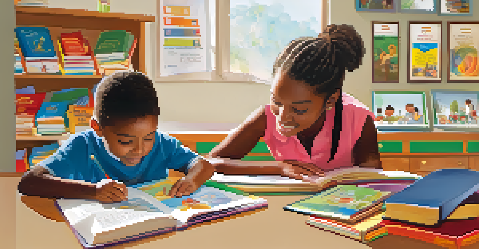 A parent and child engaged in a literacy workshop, surrounded by books and educational materials in a bright classroom.