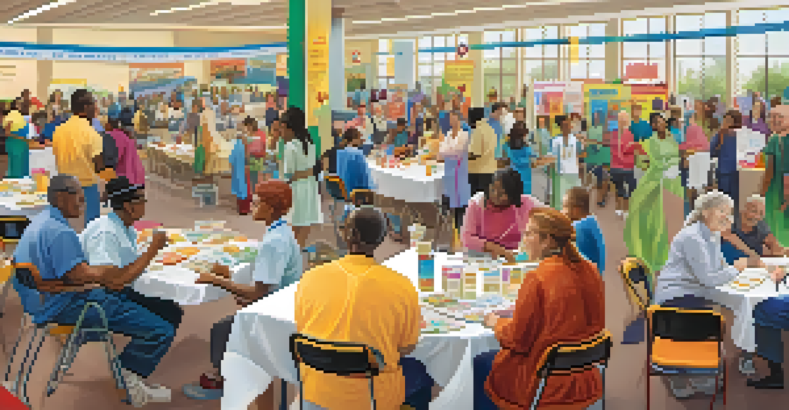A community health fair inside a center with tables offering health information and screenings, with diverse community members interacting and engaging in activities.