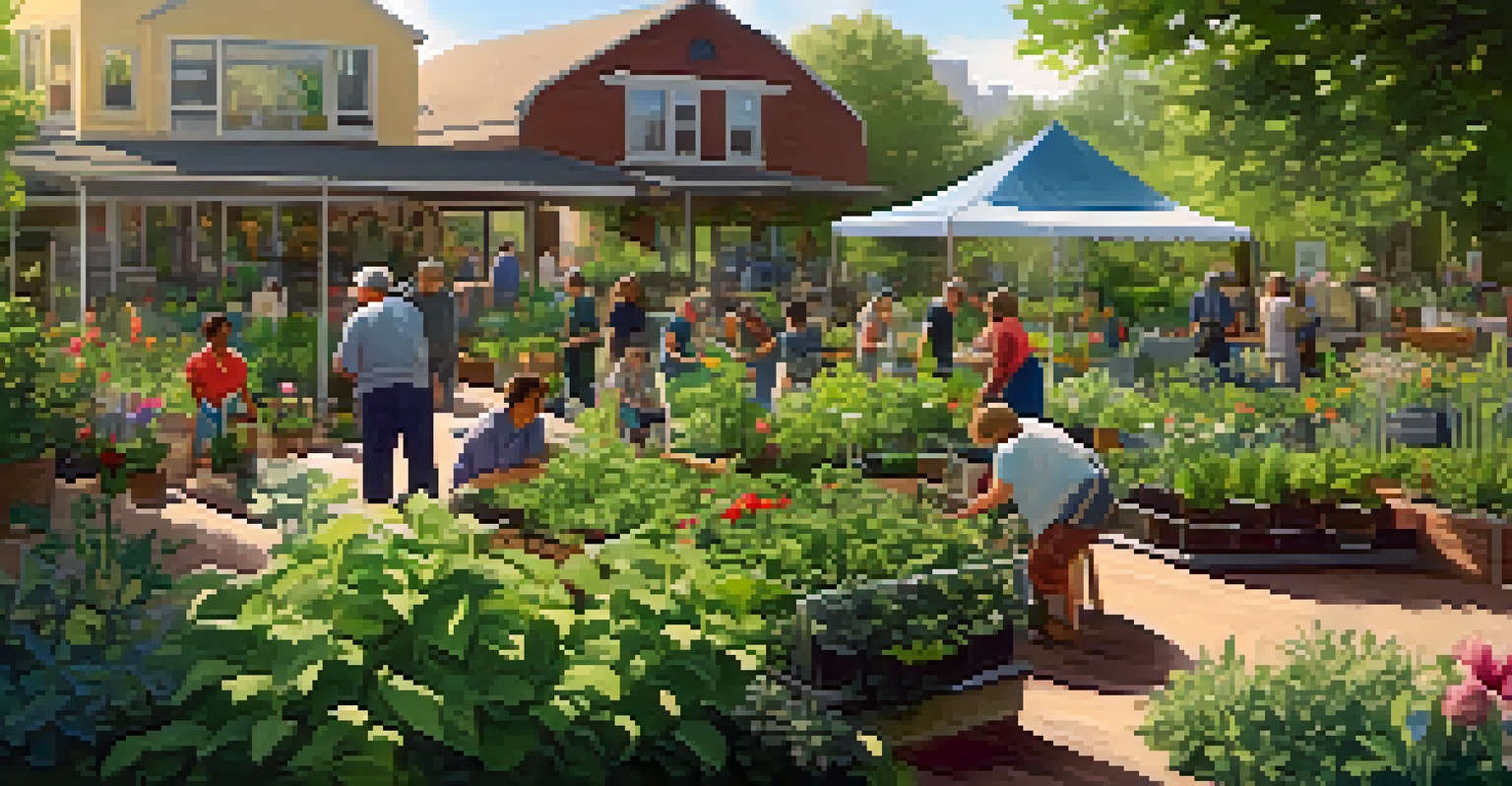 Residents tending to a vibrant community garden, engaged in a workshop on sustainable gardening, surrounded by lush plants and flowers.