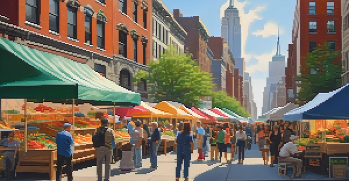 A sunny outdoor market in New York City where local journalists are interviewing community members surrounded by colorful stalls and diverse residents.