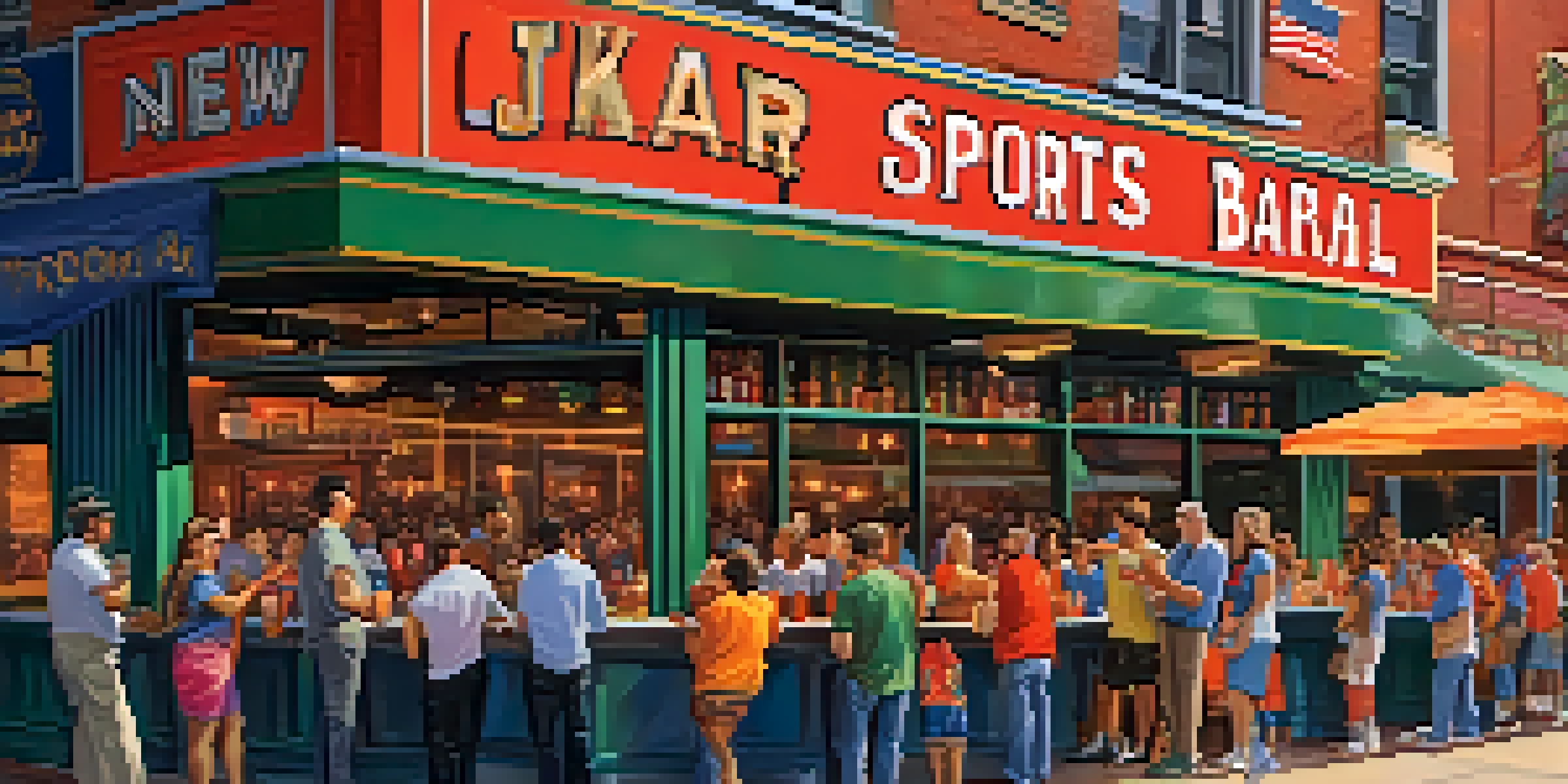 A group of enthusiastic sports fans outside a lively bar in New York, wearing team colors and sharing snacks, with the city skyline in the background.