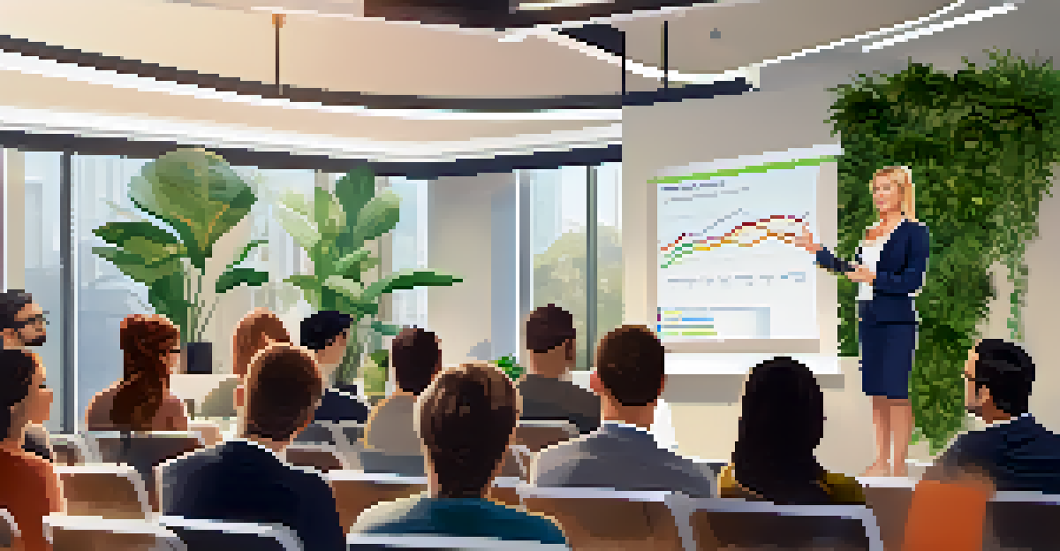 A woman presenting her startup idea in a conference room, showcasing her tech product to an engaged audience.