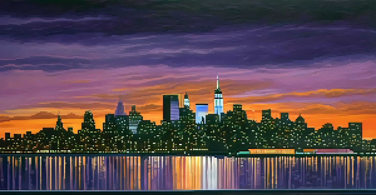 The New York City skyline at dusk with a sports stadium silhouette illuminated in vibrant colors.