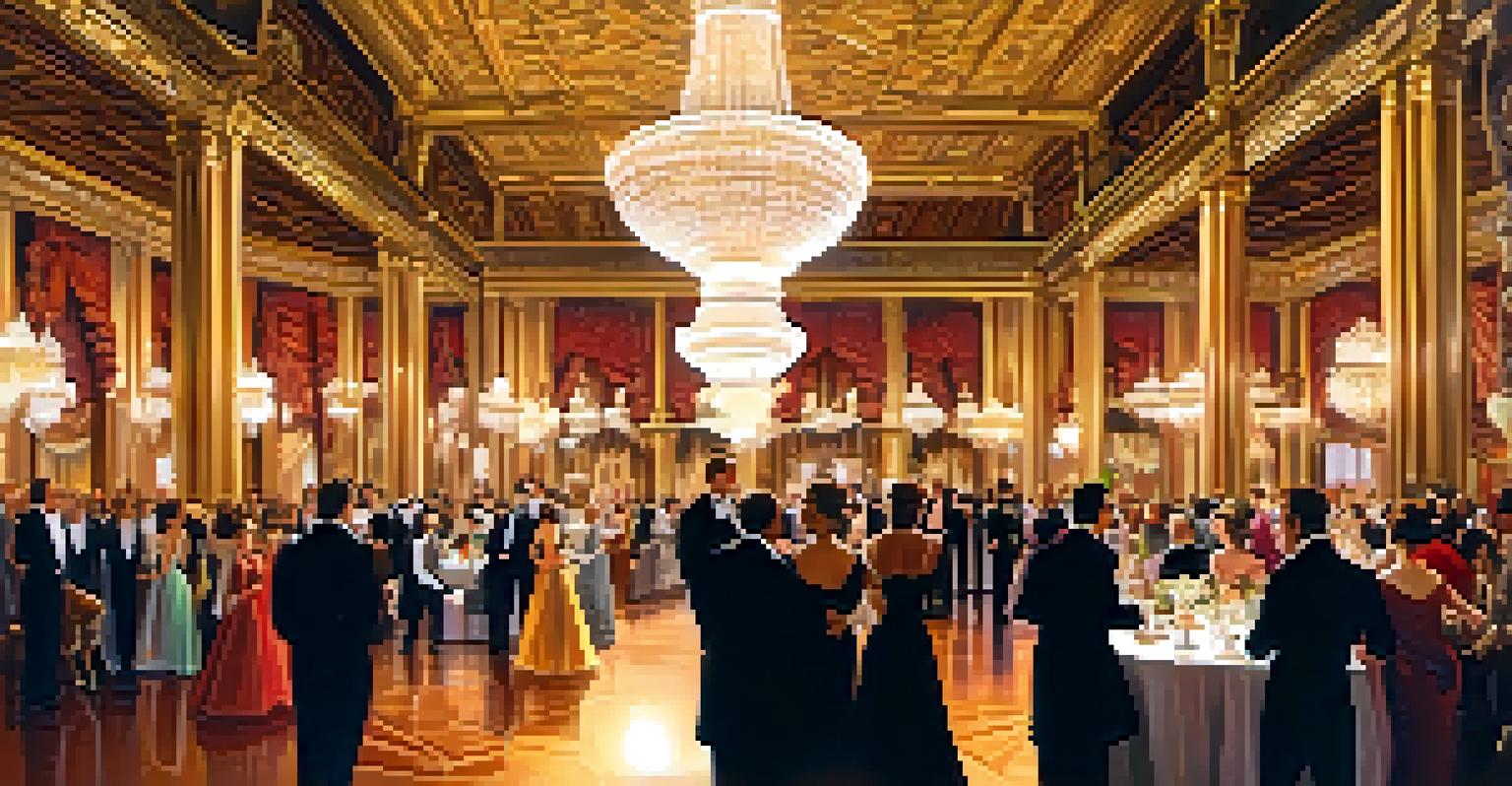 An opulent ballroom filled with elegantly dressed guests at a Gilded Age ball, with crystal chandeliers and rich decorations.