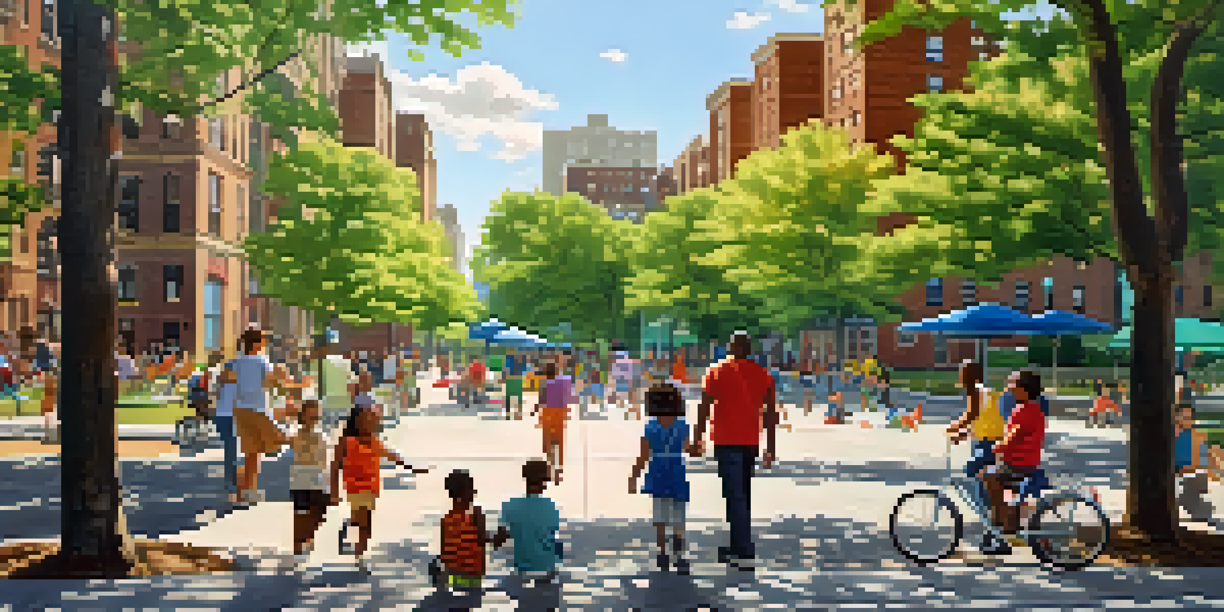A lively community park in New York City with families, children playing, and modern affordable housing in the background, illuminated by warm sunlight.