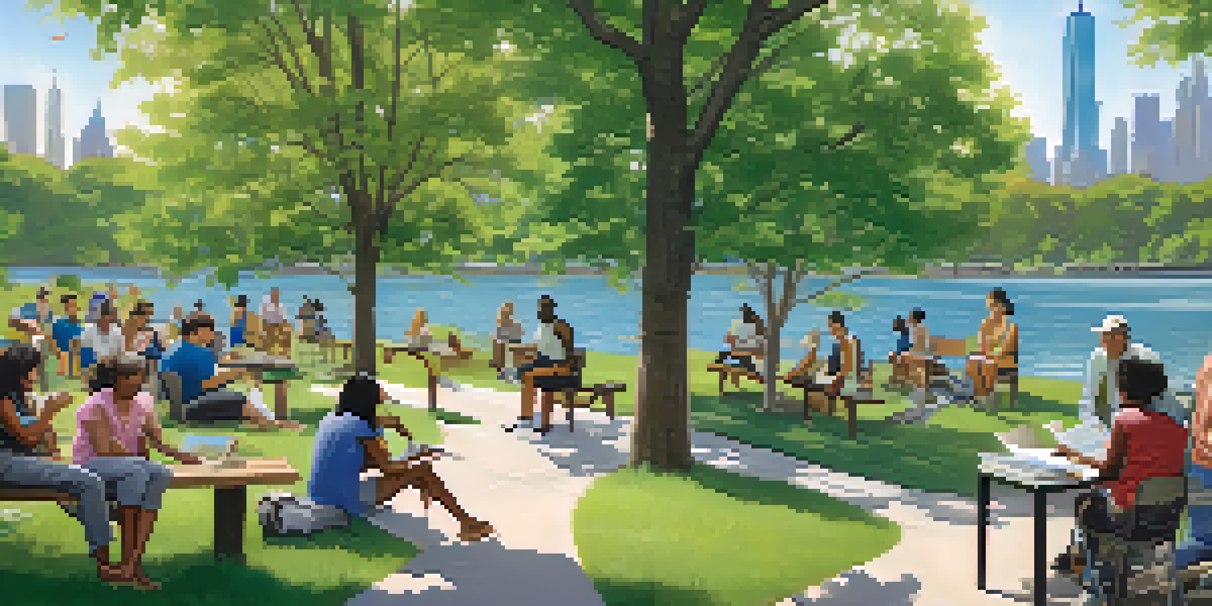 A community water management workshop in an urban park with diverse residents participating and engaging with informational materials, surrounded by greenery and the NYC skyline.