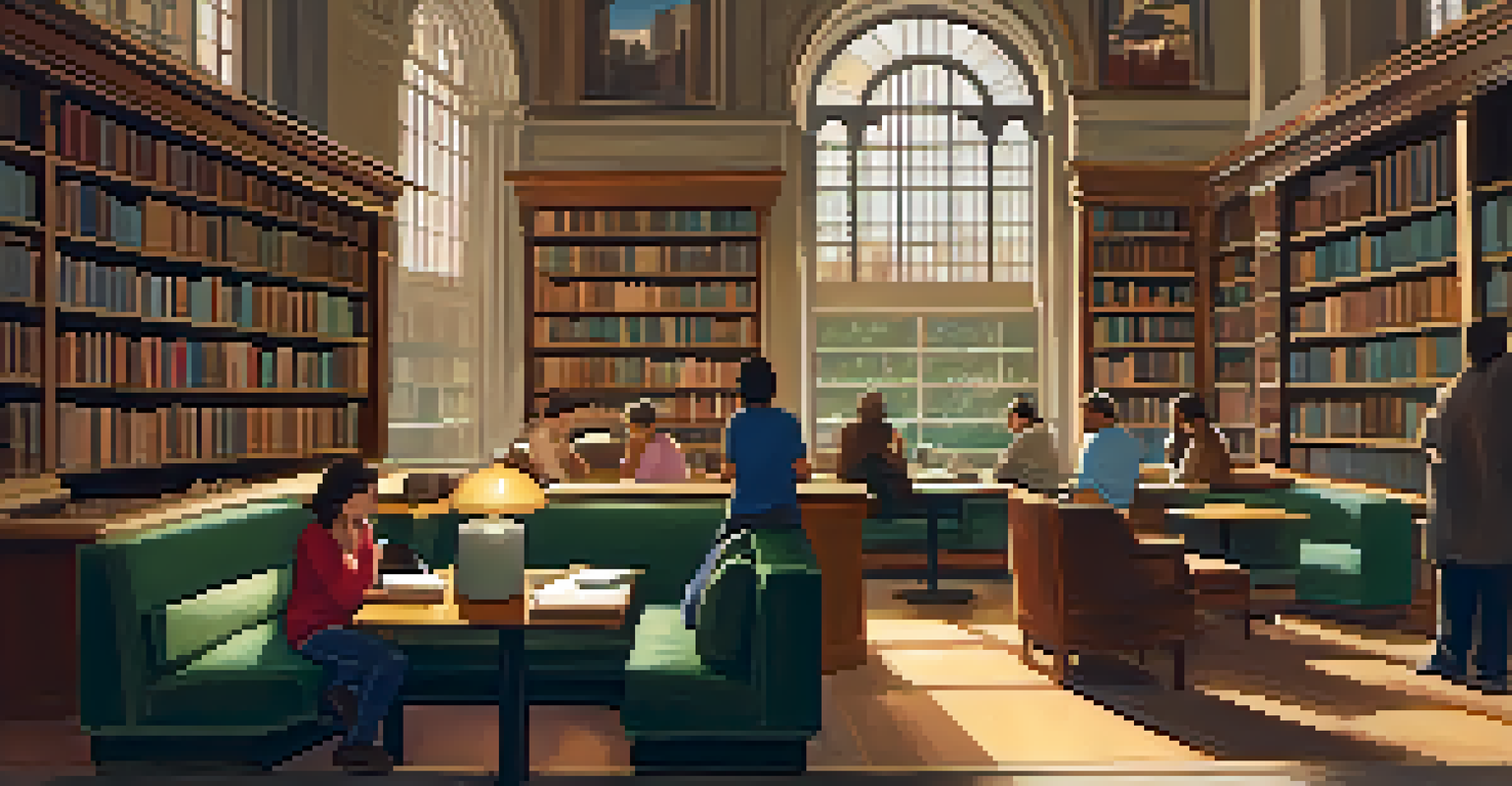 A serene reading nook in a library, with comfortable seating and diverse individuals quietly reading and studying.