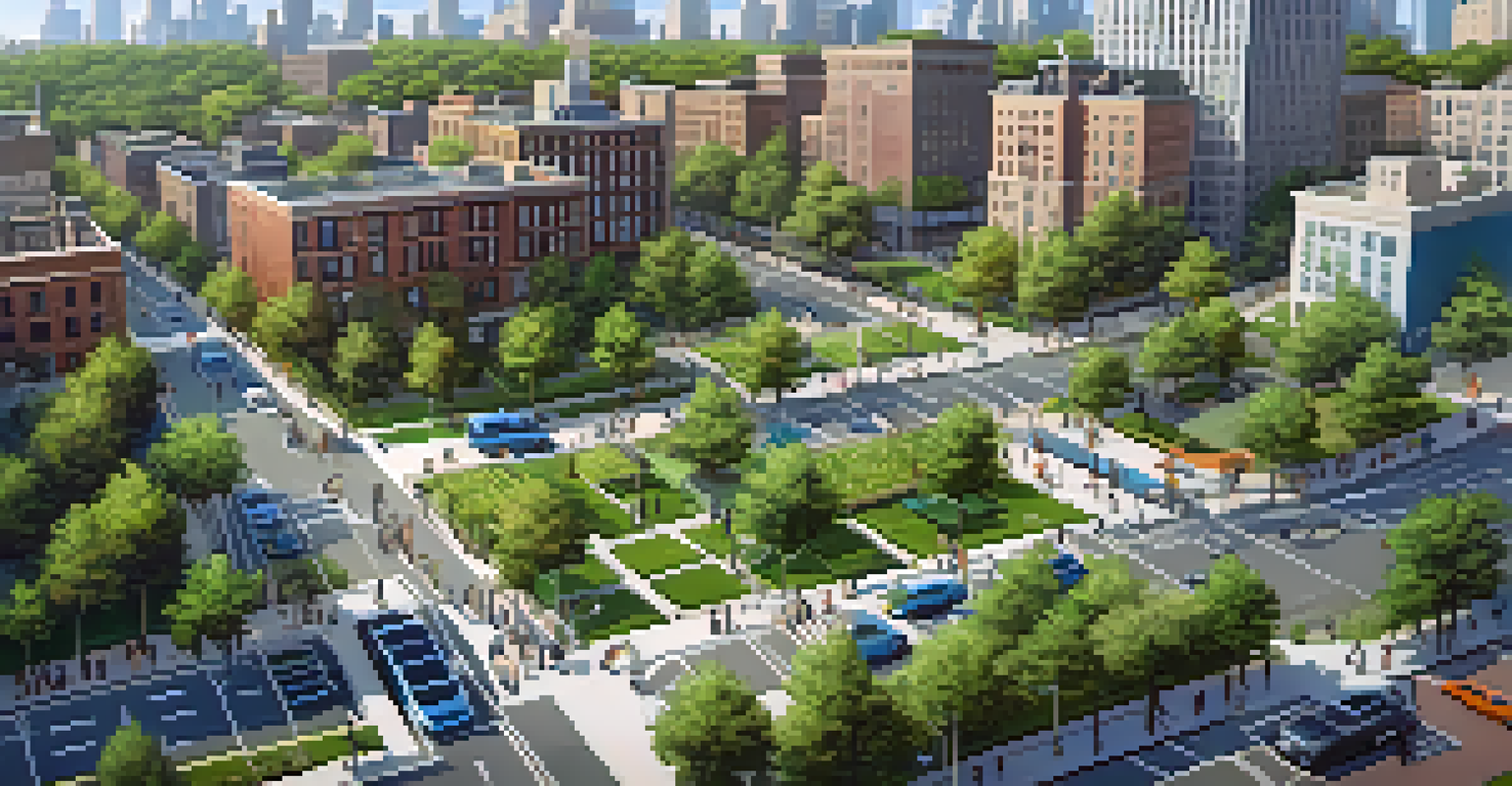 An aerial view of a New York City neighborhood featuring bike lanes, electric vehicle charging stations, and parks.