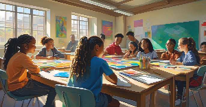 A diverse group of students working together on a project in a bright classroom filled with art supplies and sunlight.