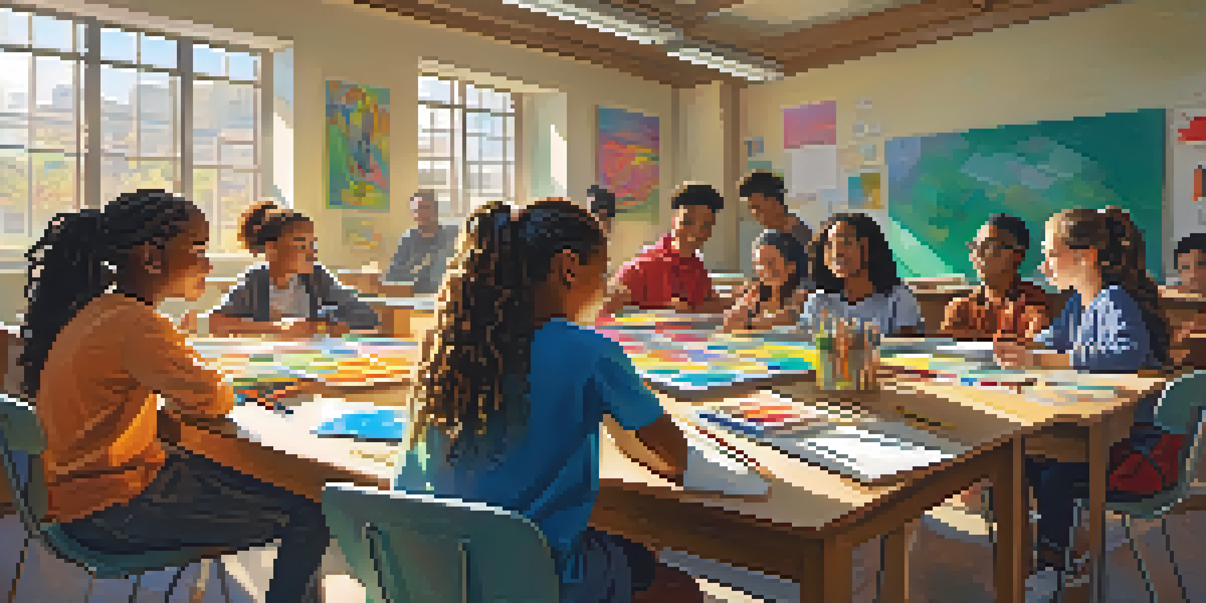 A diverse group of students working together on a project in a bright classroom filled with art supplies and sunlight.