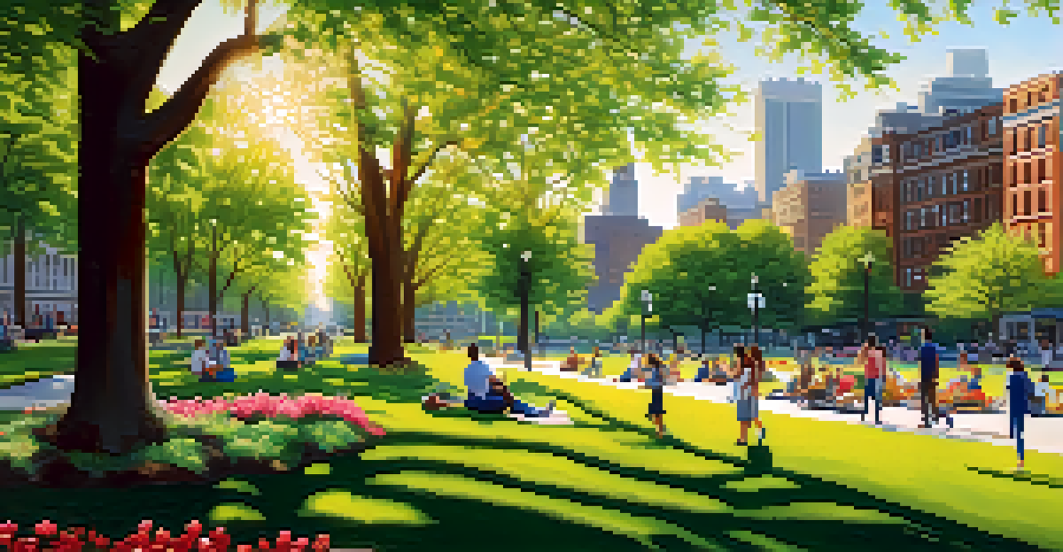 A peaceful park in New York City with people enjoying the outdoors, surrounded by greenery and blooming flowers.