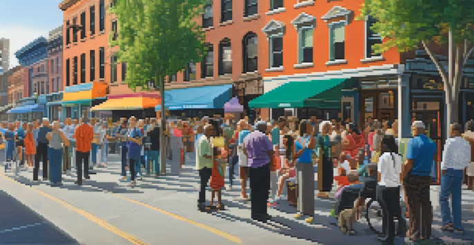 A diverse group of New Yorkers participating in a town hall meeting on a busy street, surrounded by colorful storefronts and trees.