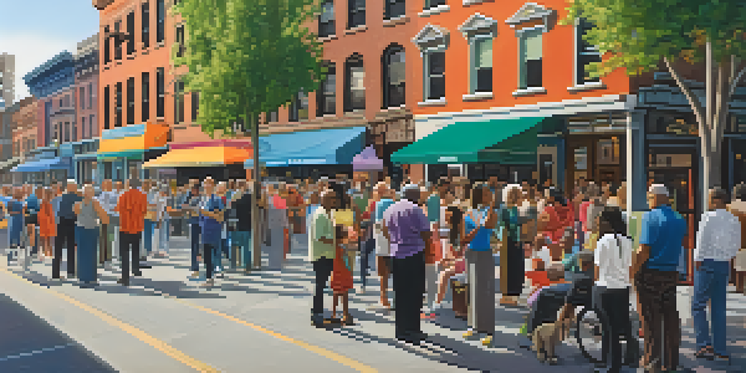 A diverse group of New Yorkers participating in a town hall meeting on a busy street, surrounded by colorful storefronts and trees.