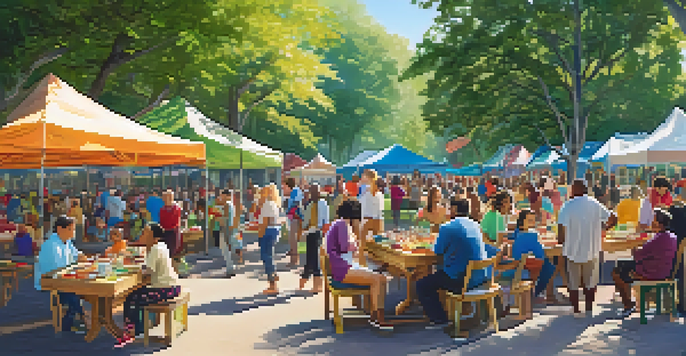 A lively park scene with diverse people gathered for a community event, with colorful banners and tables, under sunny skies.