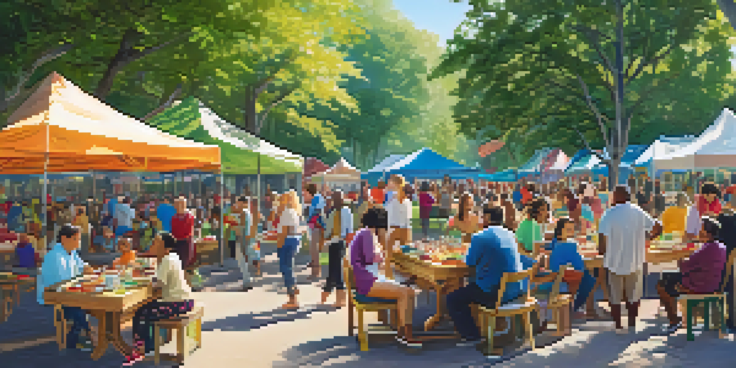 A lively park scene with diverse people gathered for a community event, with colorful banners and tables, under sunny skies.