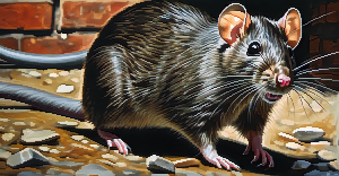 A Norway rat moving through a dark alley in New York City, with brick walls and urban debris around.