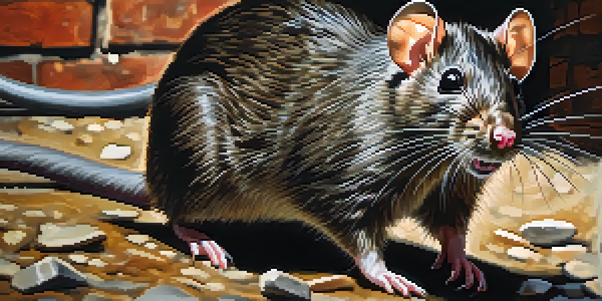 A Norway rat moving through a dark alley in New York City, with brick walls and urban debris around.