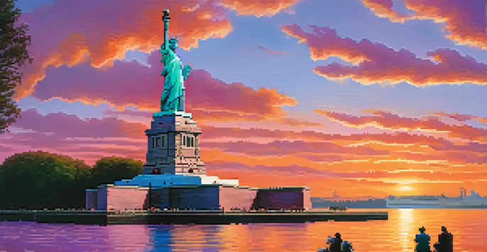 A colorful sunset behind the Statue of Liberty with tourists in the foreground, capturing the vibrancy of the location.
