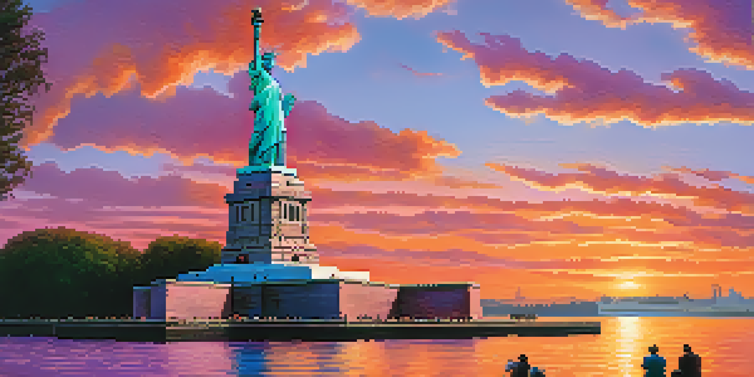 A colorful sunset behind the Statue of Liberty with tourists in the foreground, capturing the vibrancy of the location.