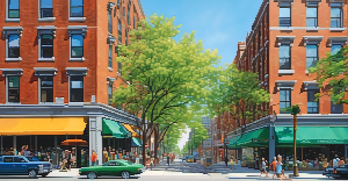 A lively street in New York City with a mix of traditional co-op buildings and modern condo structures, populated by diverse people.