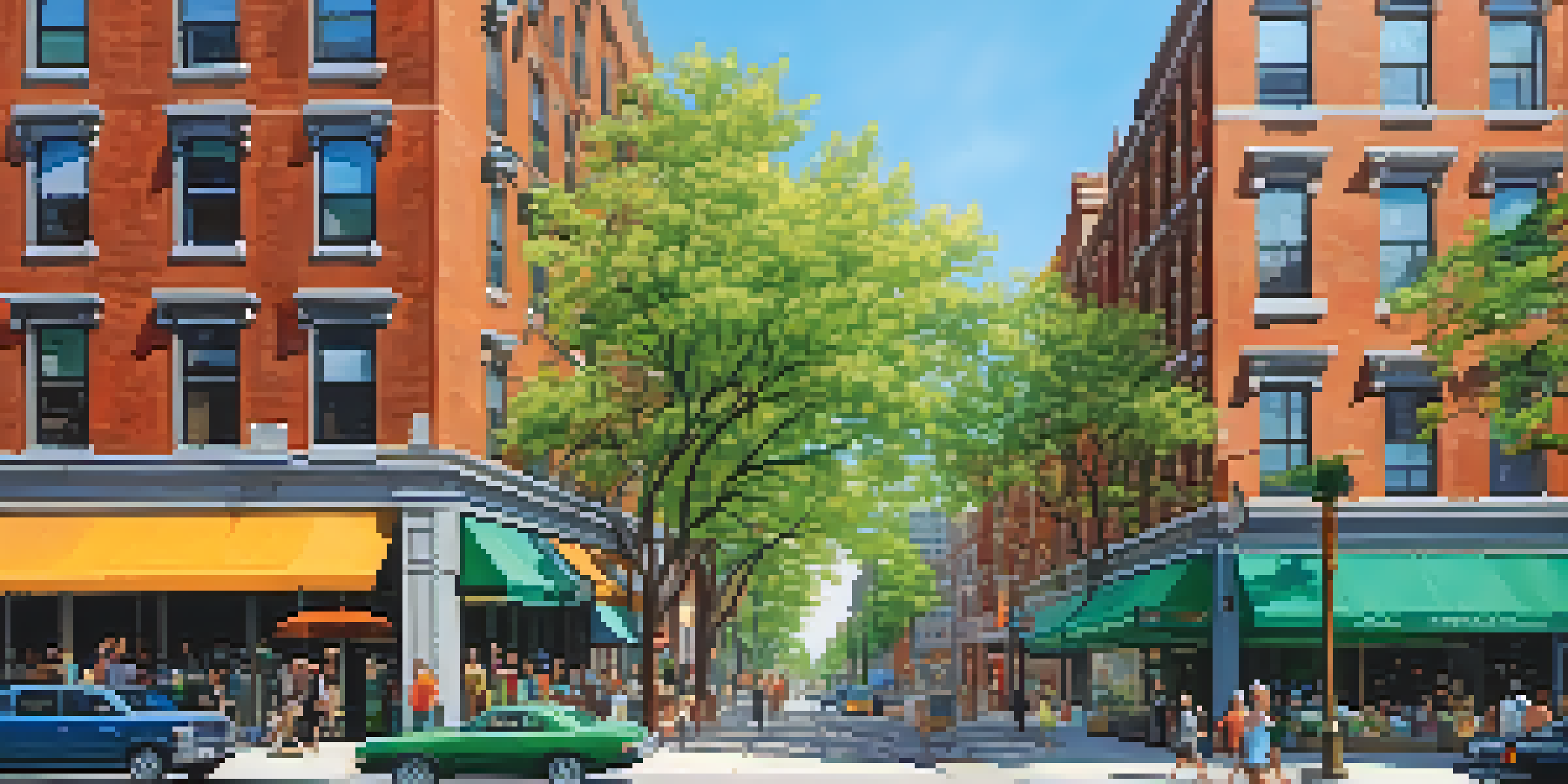 A lively street in New York City with a mix of traditional co-op buildings and modern condo structures, populated by diverse people.