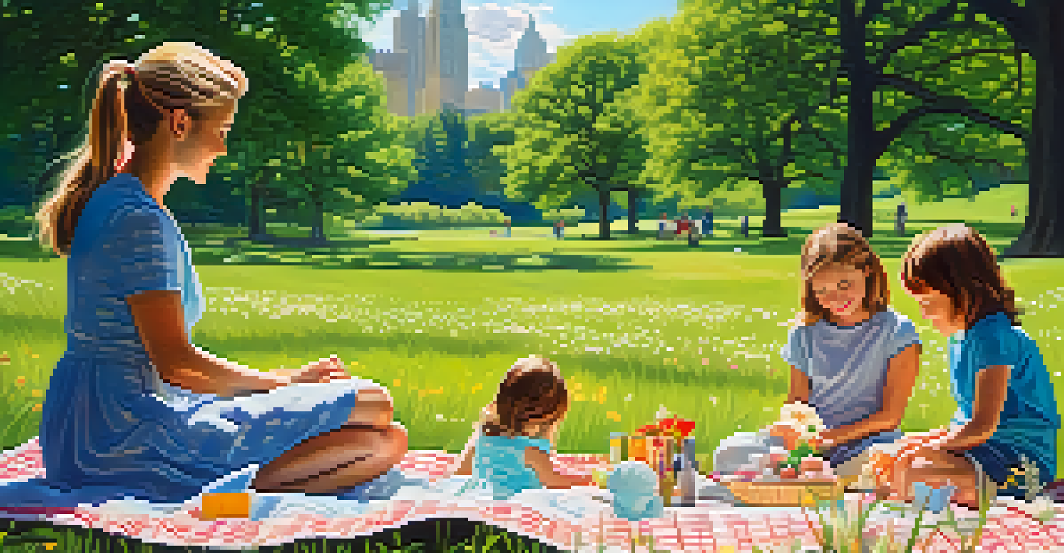 A vibrant meadow in Central Park with wildflowers and a family having a picnic, set against a clear blue sky with fluffy clouds.