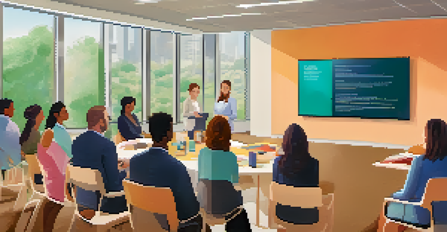 Employees in a conference room participating in a mental health workshop, discussing wellness resources and fostering a collaborative atmosphere.