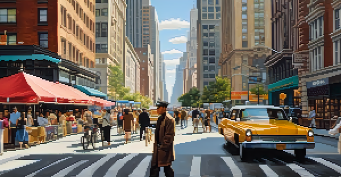 A vibrant street scene in New York City with diverse people, iconic skyscrapers, and warm sunlight.