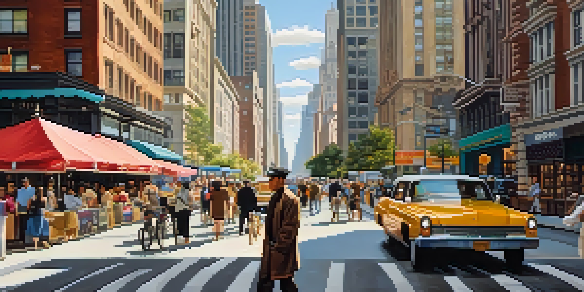 A vibrant street scene in New York City with diverse people, iconic skyscrapers, and warm sunlight.