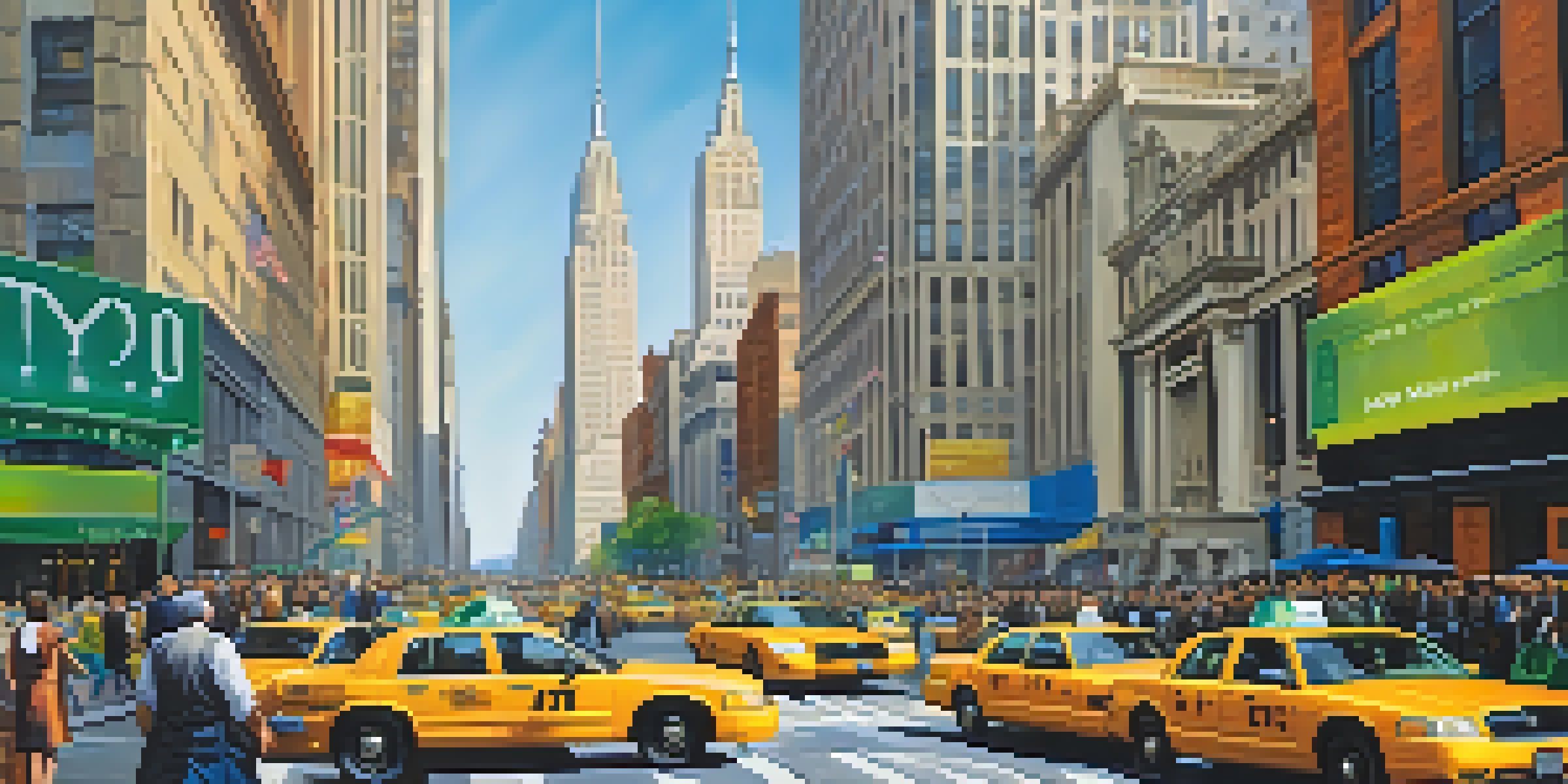 A lively New York City street filled with diverse professionals and iconic financial buildings under bright sunlight.