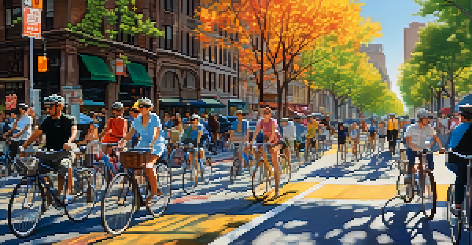 A lively New York City street with cyclists riding in a bike lane, surrounded by trees and bustling pedestrians.