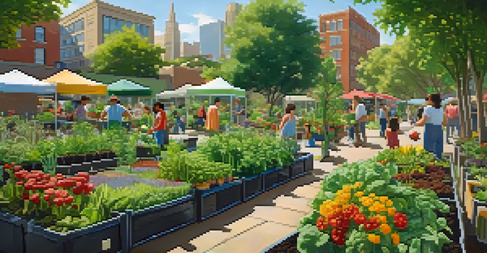 A lively community garden in the city with people gardening and a variety of plants and flowers.
