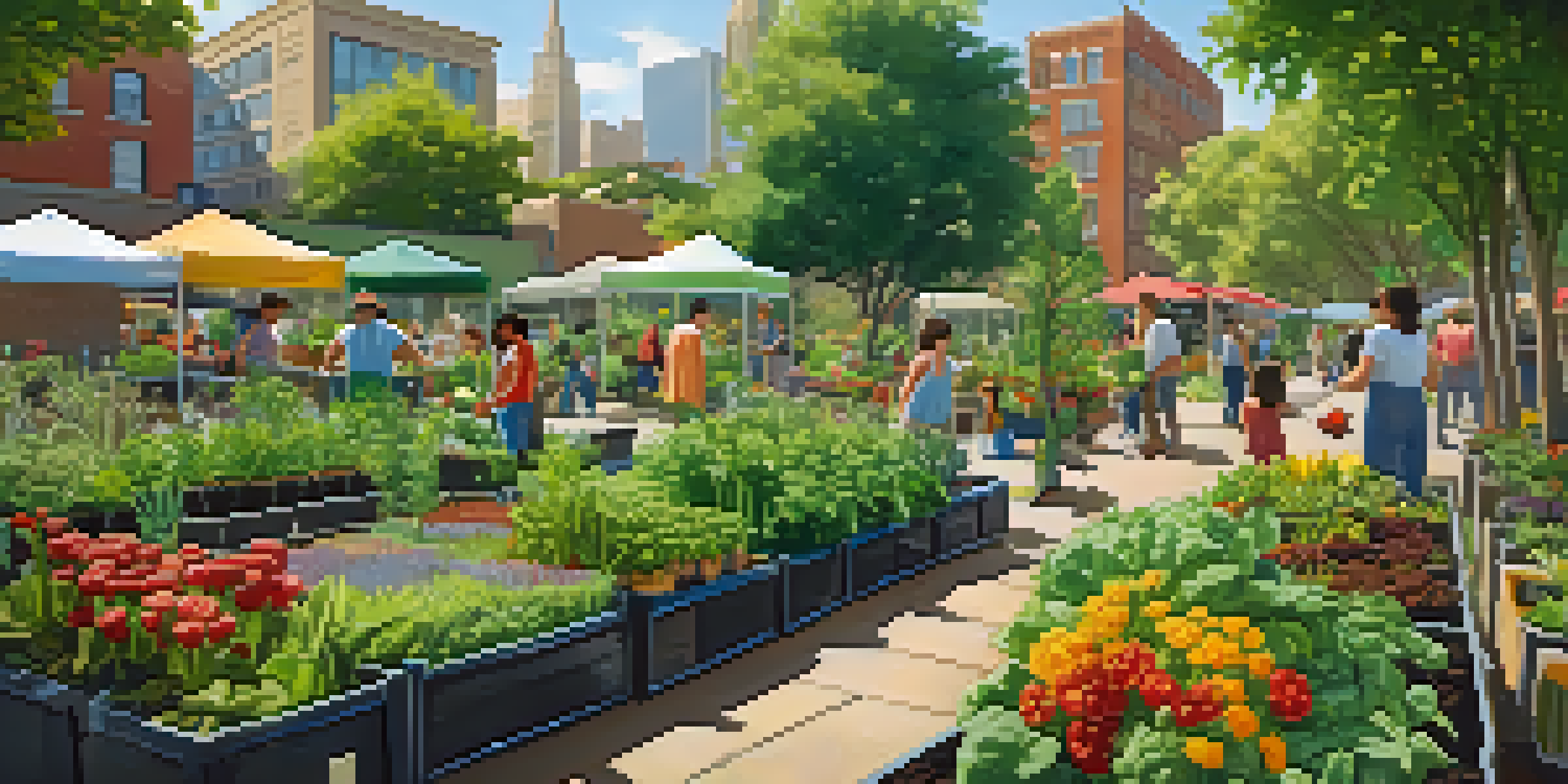 A lively community garden in the city with people gardening and a variety of plants and flowers.