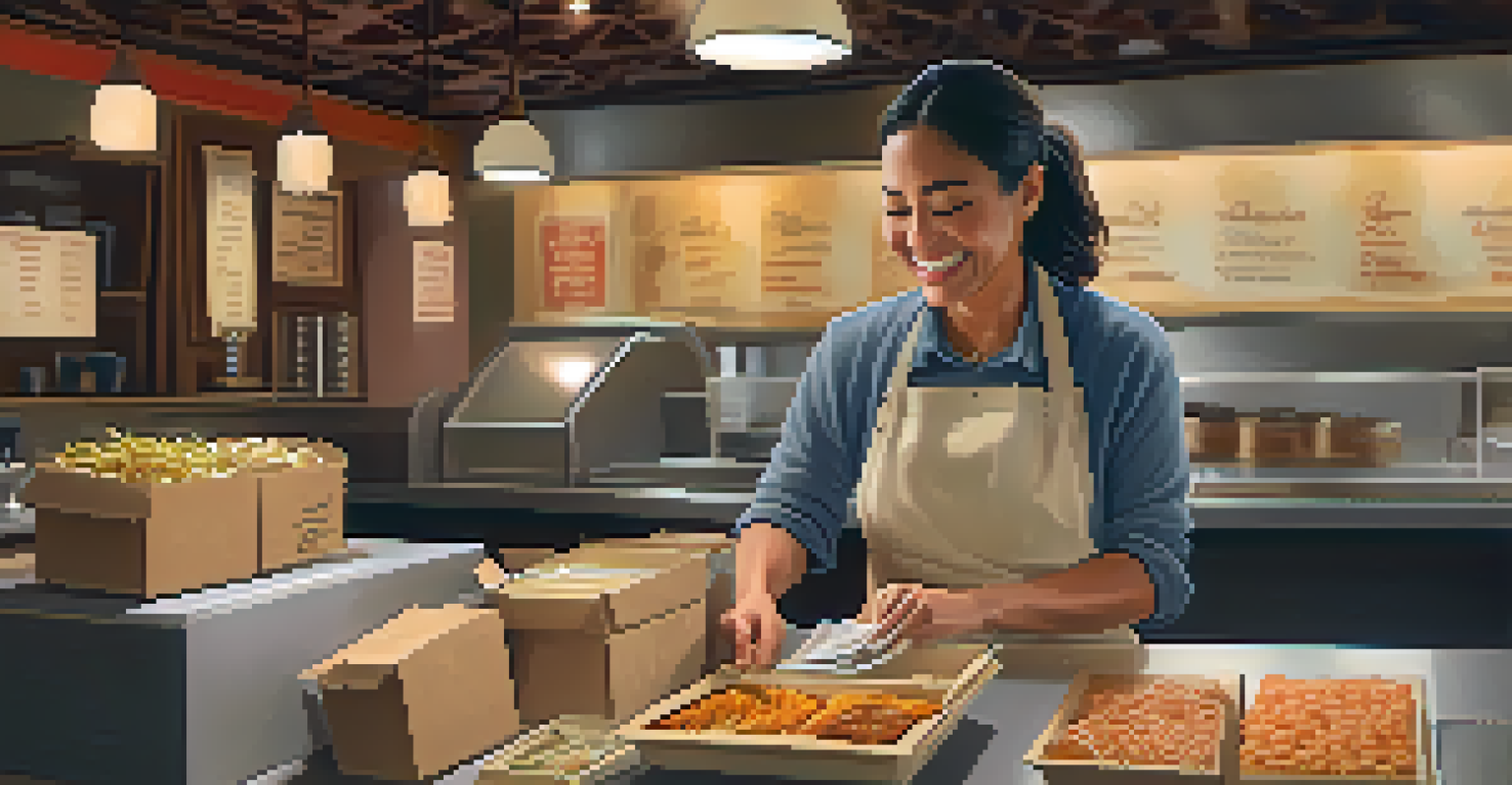 A small business owner inside a restaurant preparing takeout orders with a warm and inviting atmosphere.