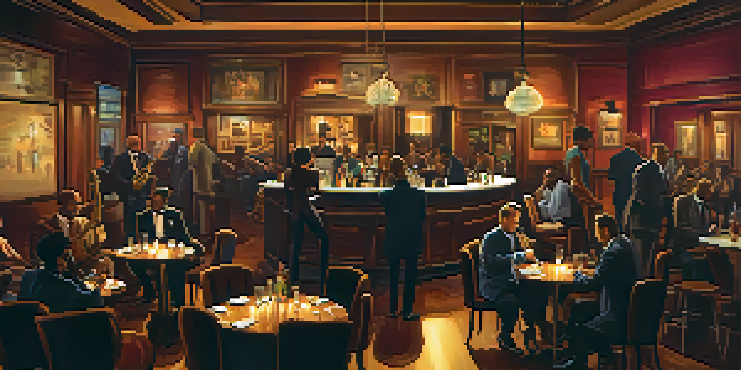 A warm and inviting jazz club with a saxophonist on stage and guests seated at round tables, enjoying drinks in a dimly lit atmosphere.