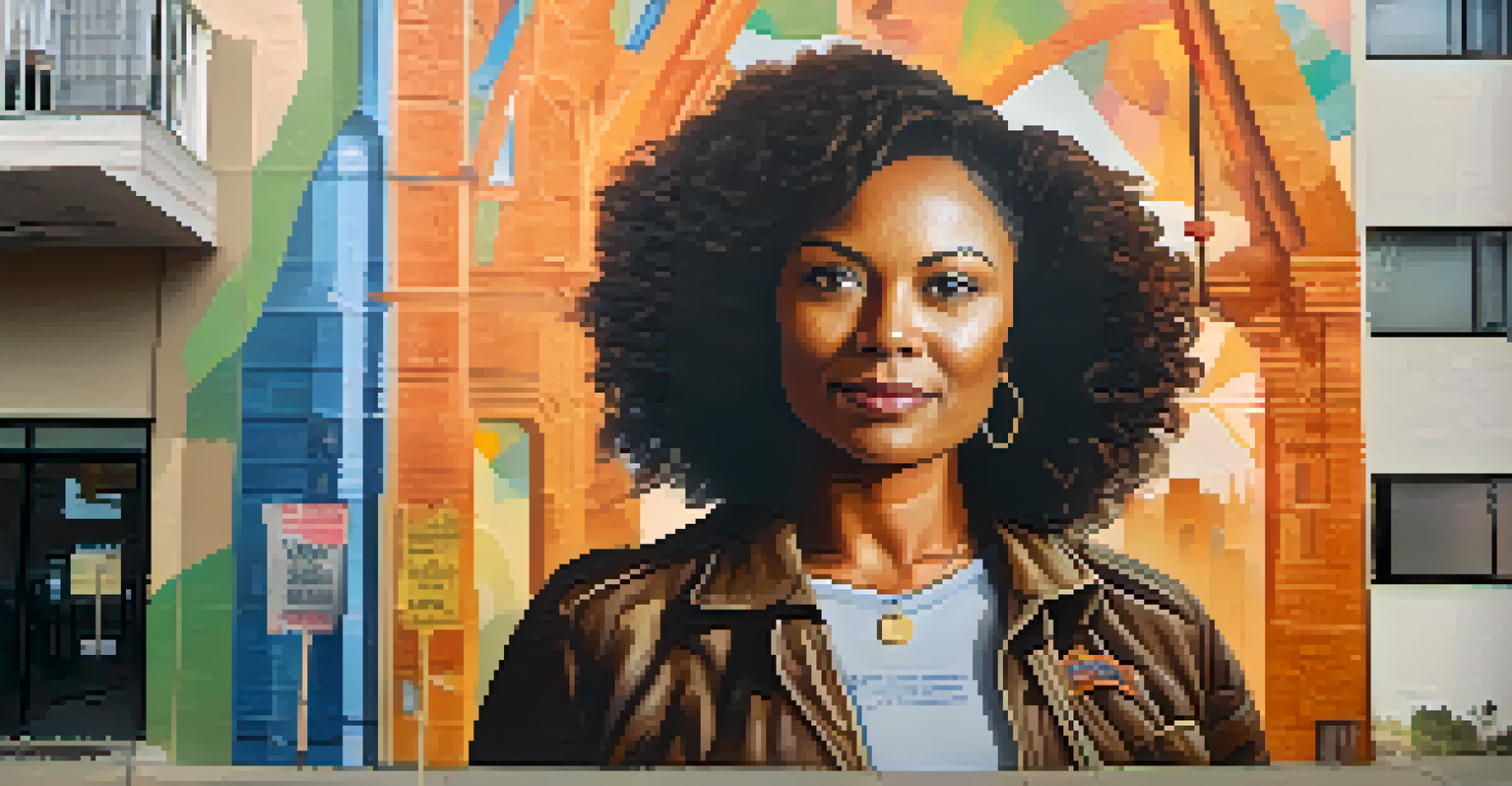 A grassroots activist in front of a detailed mural representing resilience and hope, showcasing her dedication to social justice.