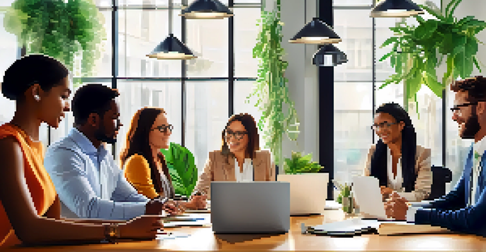 A group of diverse employees collaborating in a bright office space, surrounded by plants and modern technology.