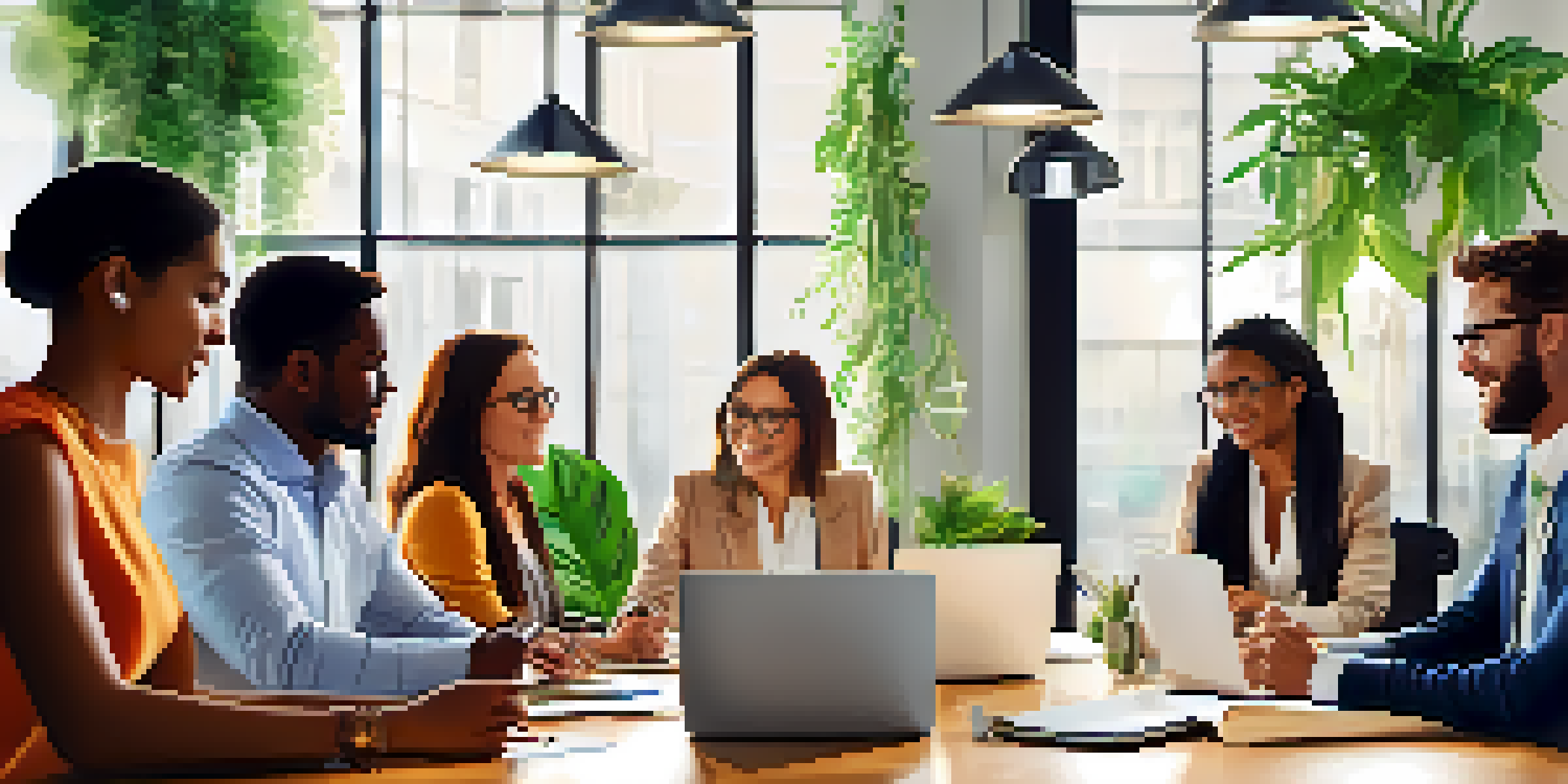 A group of diverse employees collaborating in a bright office space, surrounded by plants and modern technology.