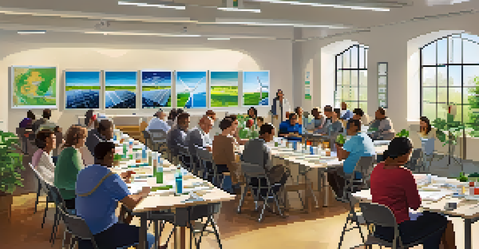 A community workshop with residents learning about renewable energy, with tables of educational materials and a poster on the wall.