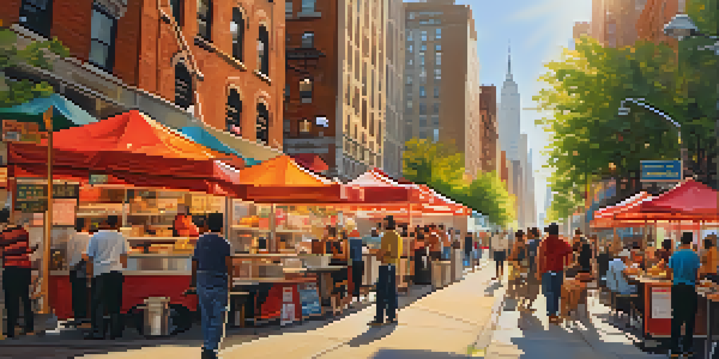 A lively street food scene in New York City with diverse food carts and people enjoying meals under warm sunlight.