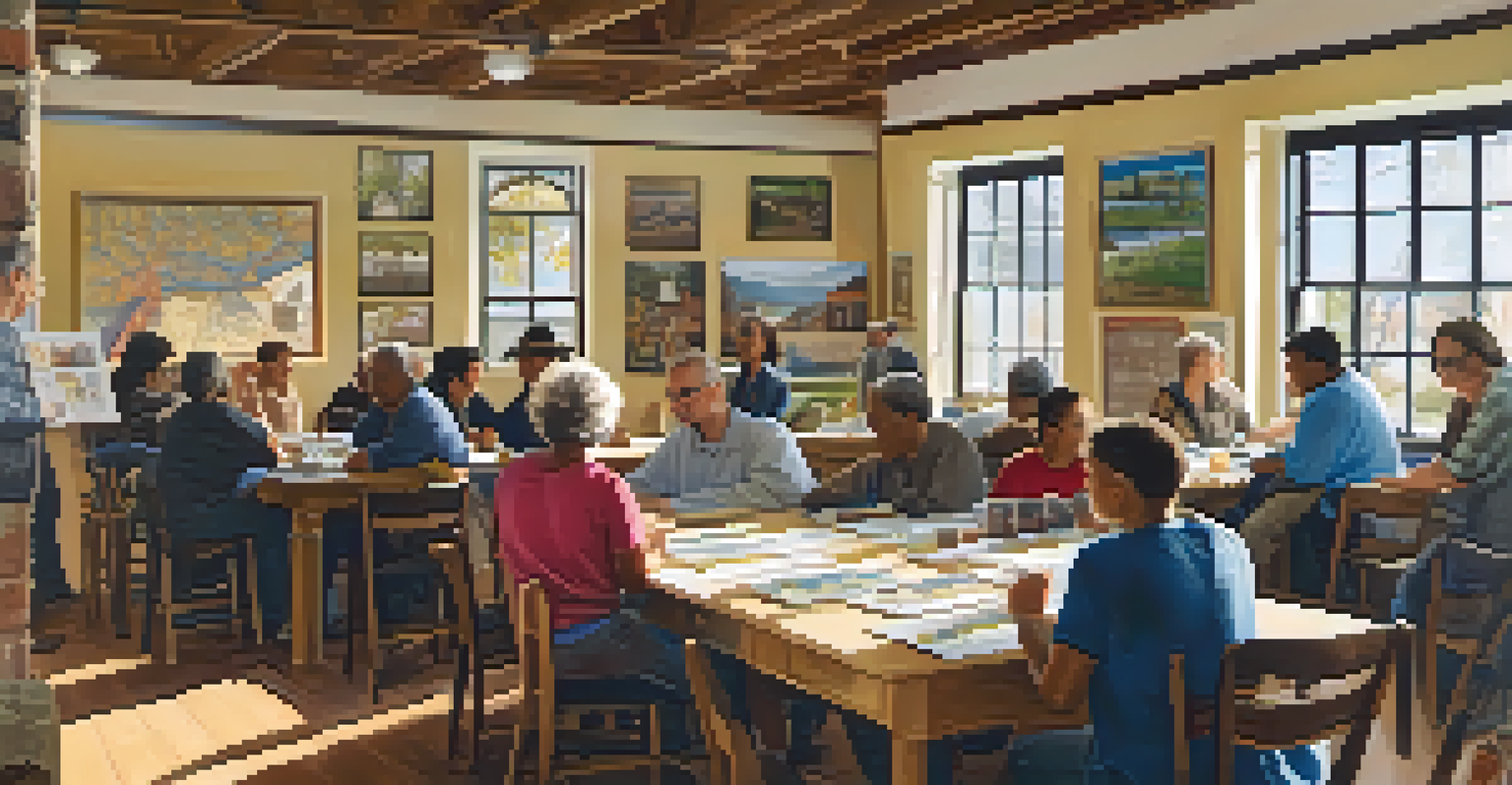 A community workshop on historic preservation with residents discussing and engaging in activities, surrounded by educational materials.