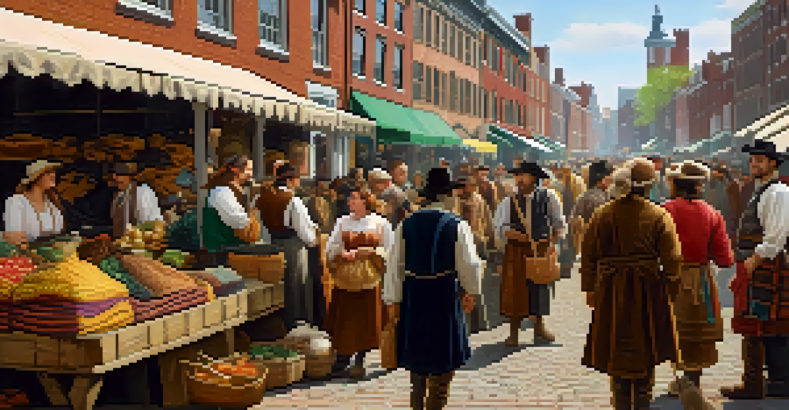 A lively market scene in early New Amsterdam with settlers trading furs and crops, filled with colorful stalls and vibrant interactions.