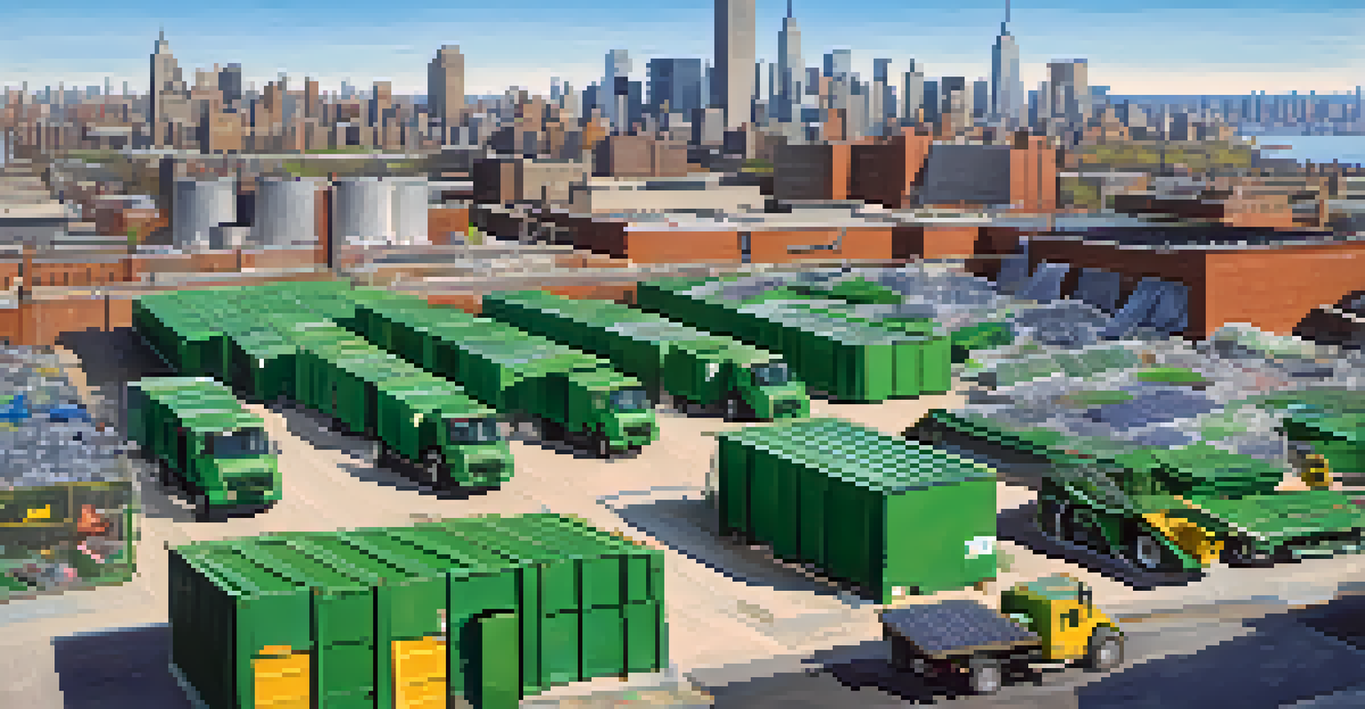 An overhead view of NYC waste management facilities with recycling trucks and organized waste bins, set against a blue sky.