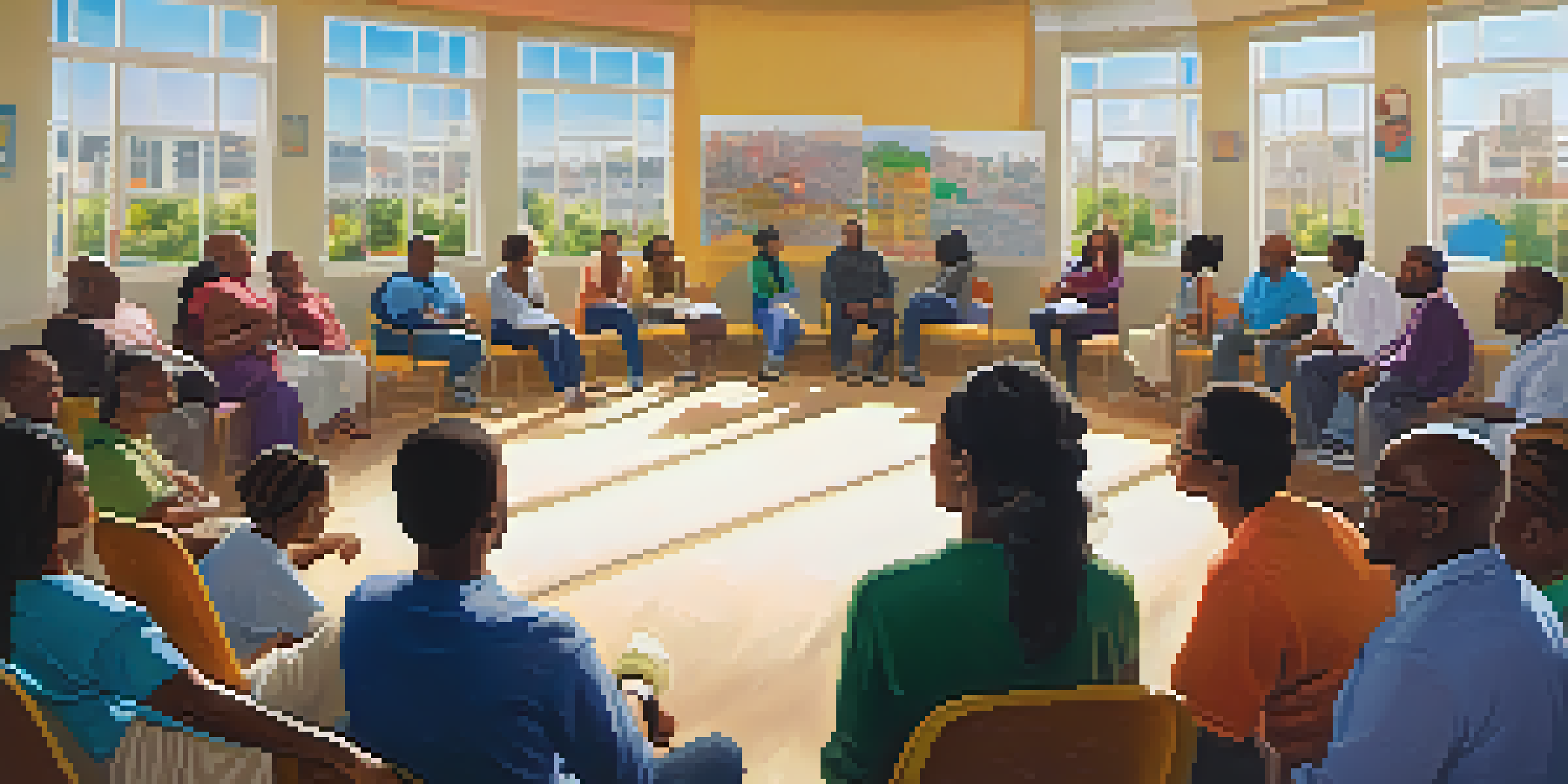 A lively community meeting in an urban hall, with diverse residents discussing urban planning, colorful posters on the walls, and sunlight streaming through a large window.