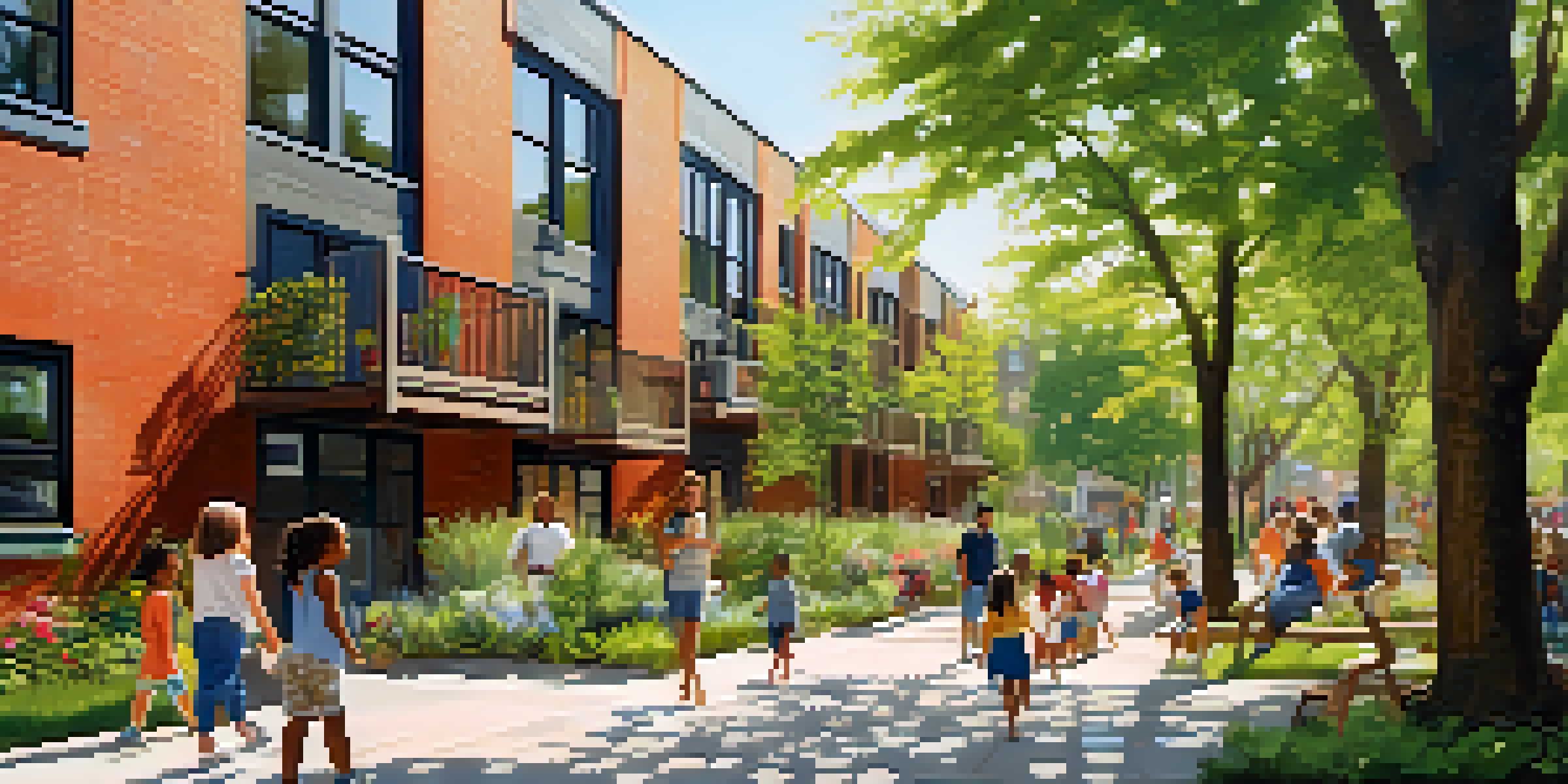A mixed-income housing community in NYC with people of different backgrounds interacting in a garden.
