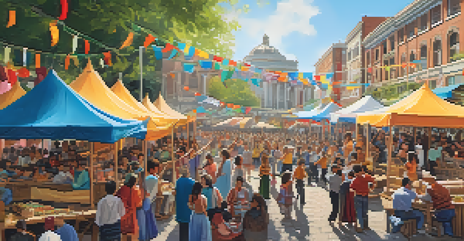 A cultural event in a public square with artists and musicians performing, colorful banners, and a lively crowd enjoying the festivities.